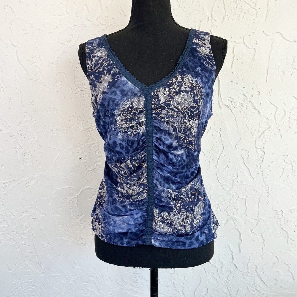 Vintage Y2K Blue Floral Mixed Print V-neck Ruched Tank Top Whimsigoth
